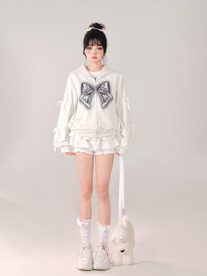 Zip-Up Hooded Loose Black Hoodie Ribbon