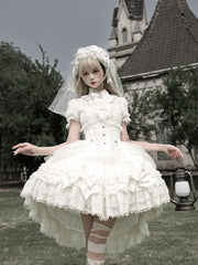 White Cross Spider Bow Lolita blouse and high-low skirt