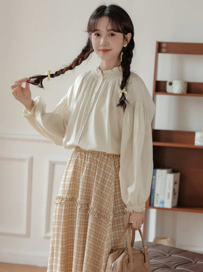 シャツネックハイリネンランタンスリーブ