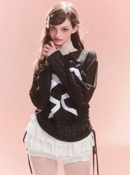 Transparentes, asymmetrisches Spitzenoberteil mit Schleife