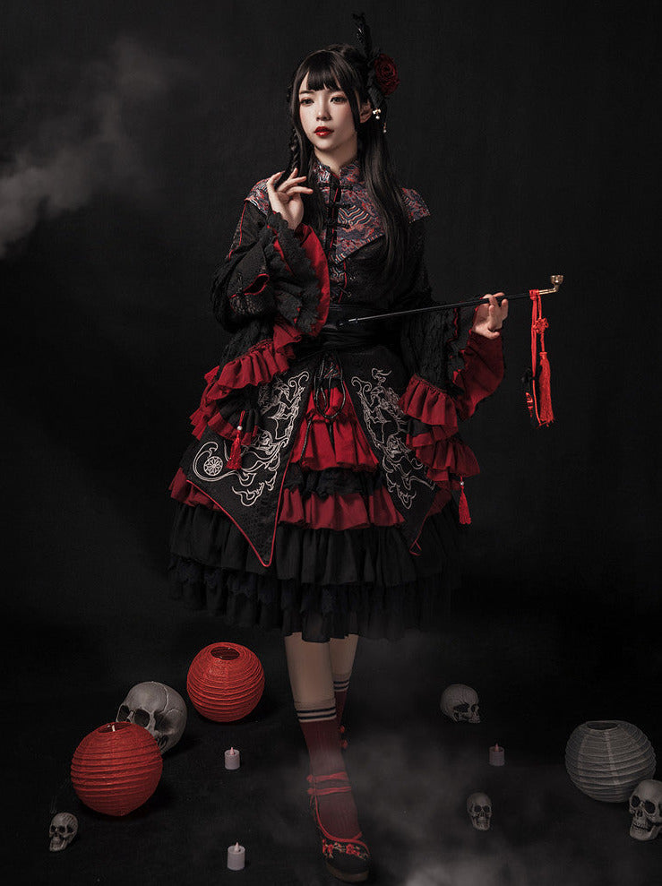 チャイナロリータゴゴシックケープ+ロングジャケット+キャミソール+スカート+ウエストバンド