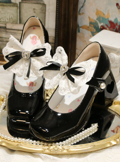 エレガントなフレンチスクエアレースリボンシューズヒールトゥロリータラブ