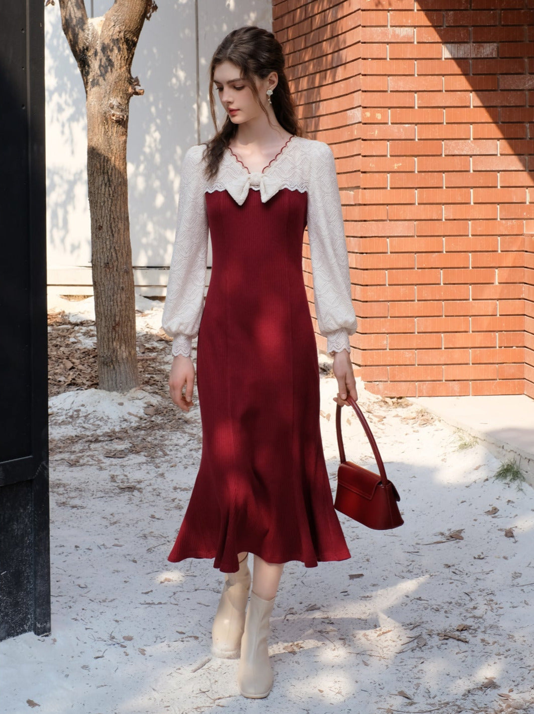 French Mermaid Ribbon Likör Spitzen Strickkleid Kirsche