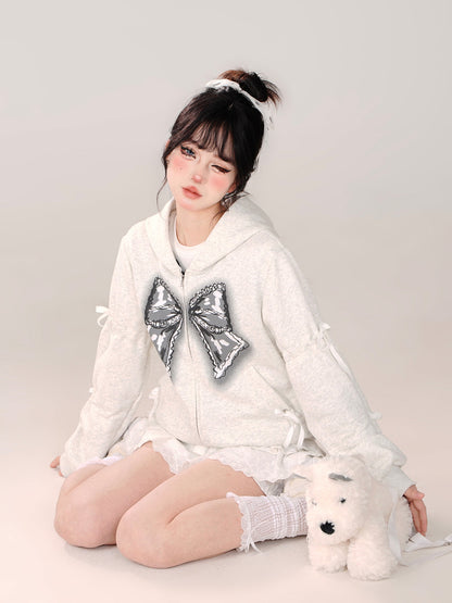 Zip-Up Hooded Loose Black Hoodie Ribbon