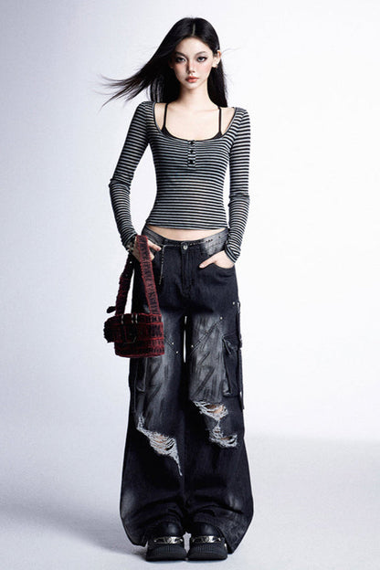 レトロブラストライプスクエアインナーTシャツネックショート+