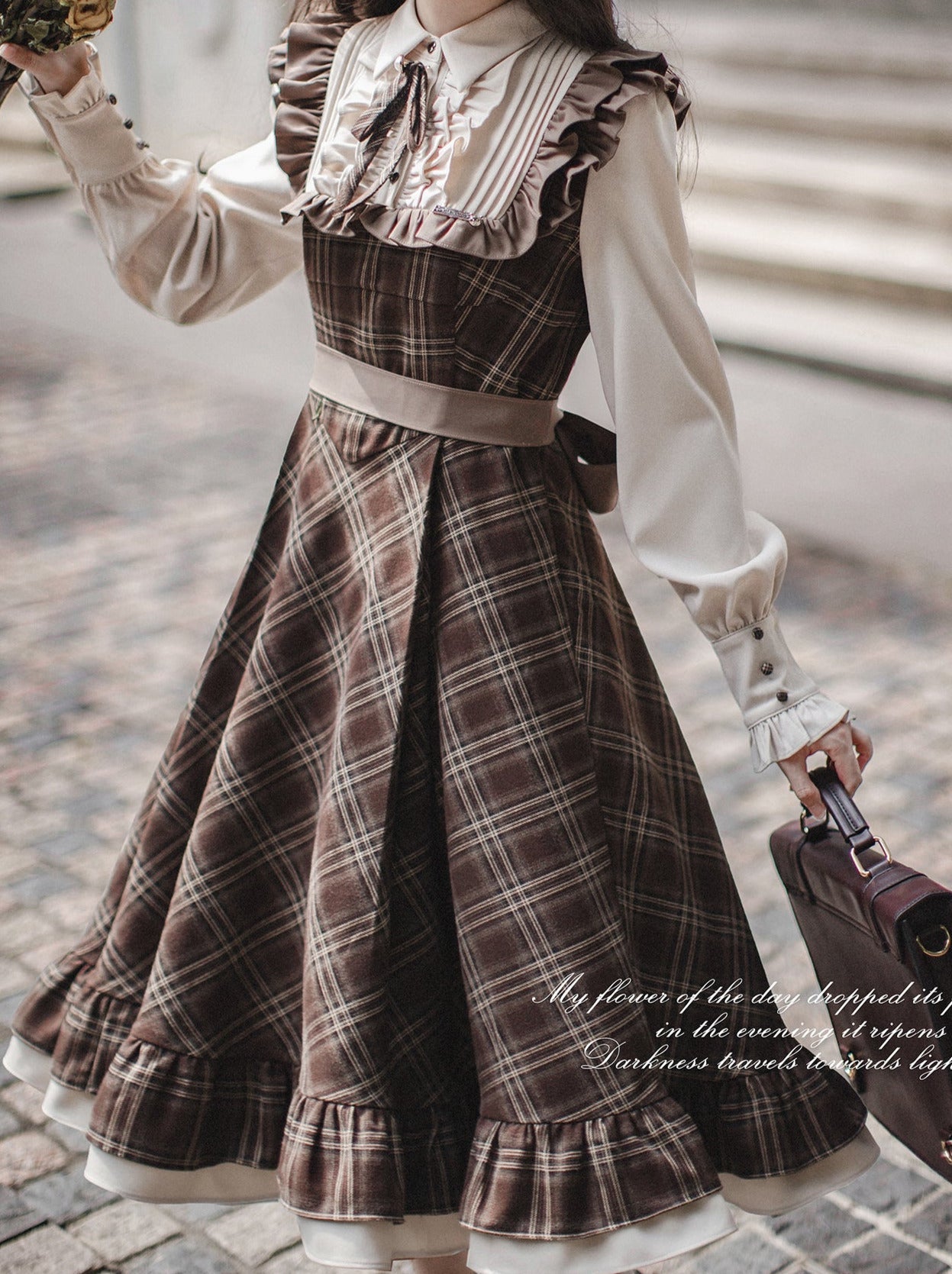 Sleeveless Coat Belt  Ribbon Classic Layered Accessory Dress Brown Check Retro Pearl Volume