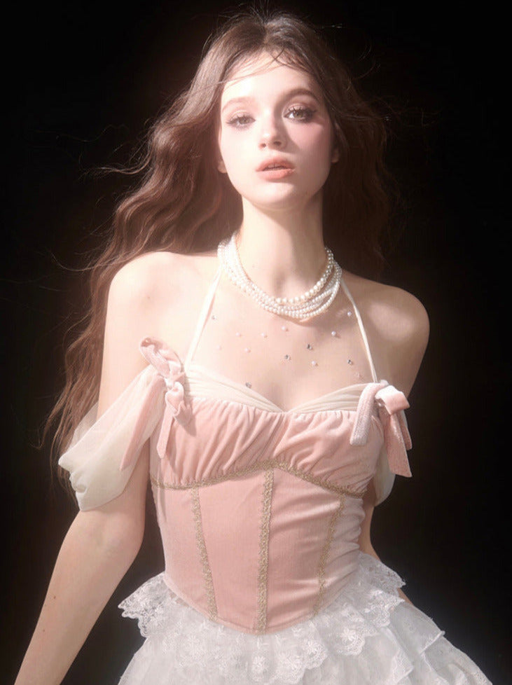 レースホワイトオフショルダーケーキスタイル+バレエスカートトップピンクベルベットストラップ