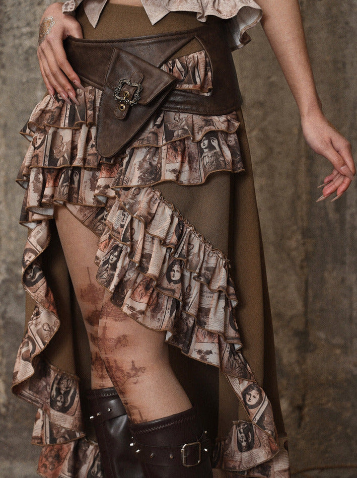 バッグフリルトレーリングスカートPUウエストスチームパンクアンティークレトロ