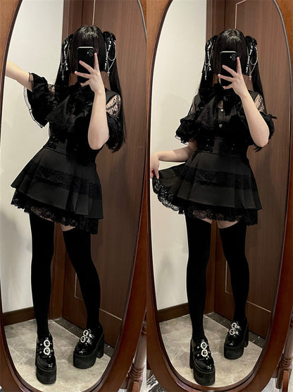 シャツ シアーリボン ショルダーレース