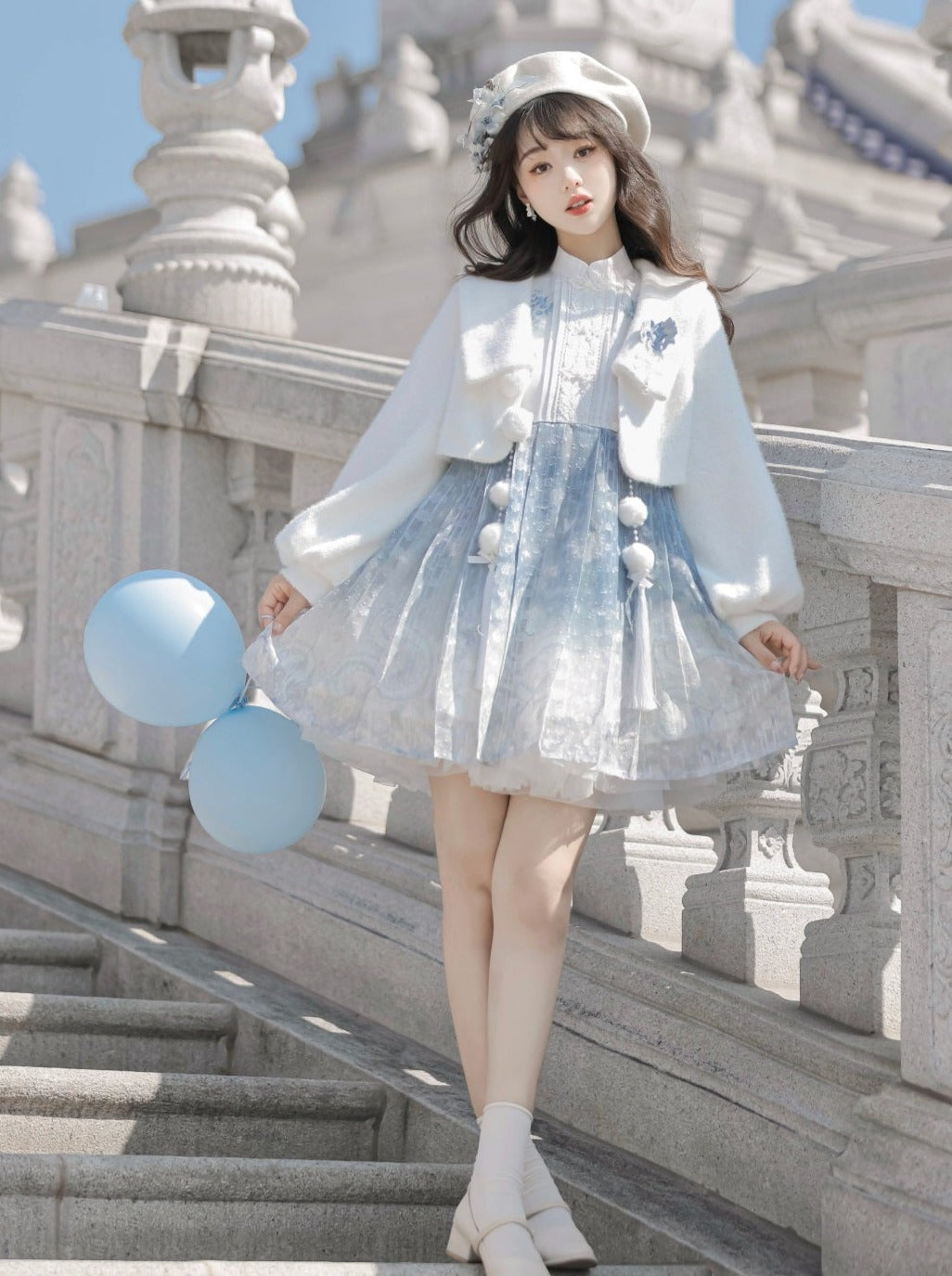 ドレス ショート ブルー チャイニーズファーコート アイス