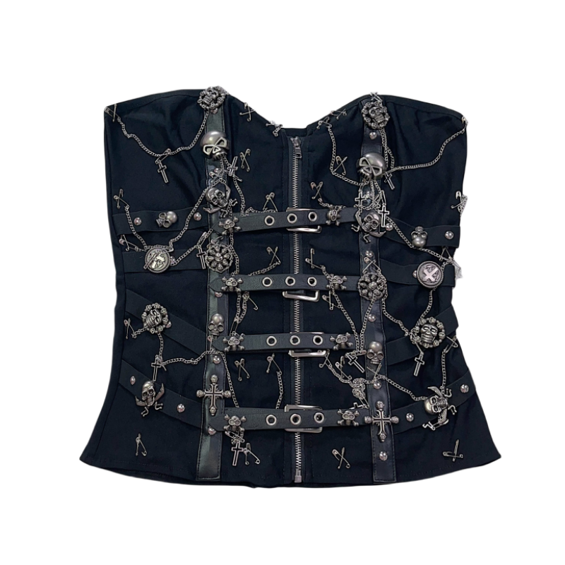 Y2K Punk Gothic Slim Fit Leather Buckle Skull Cross Chain Tube Top