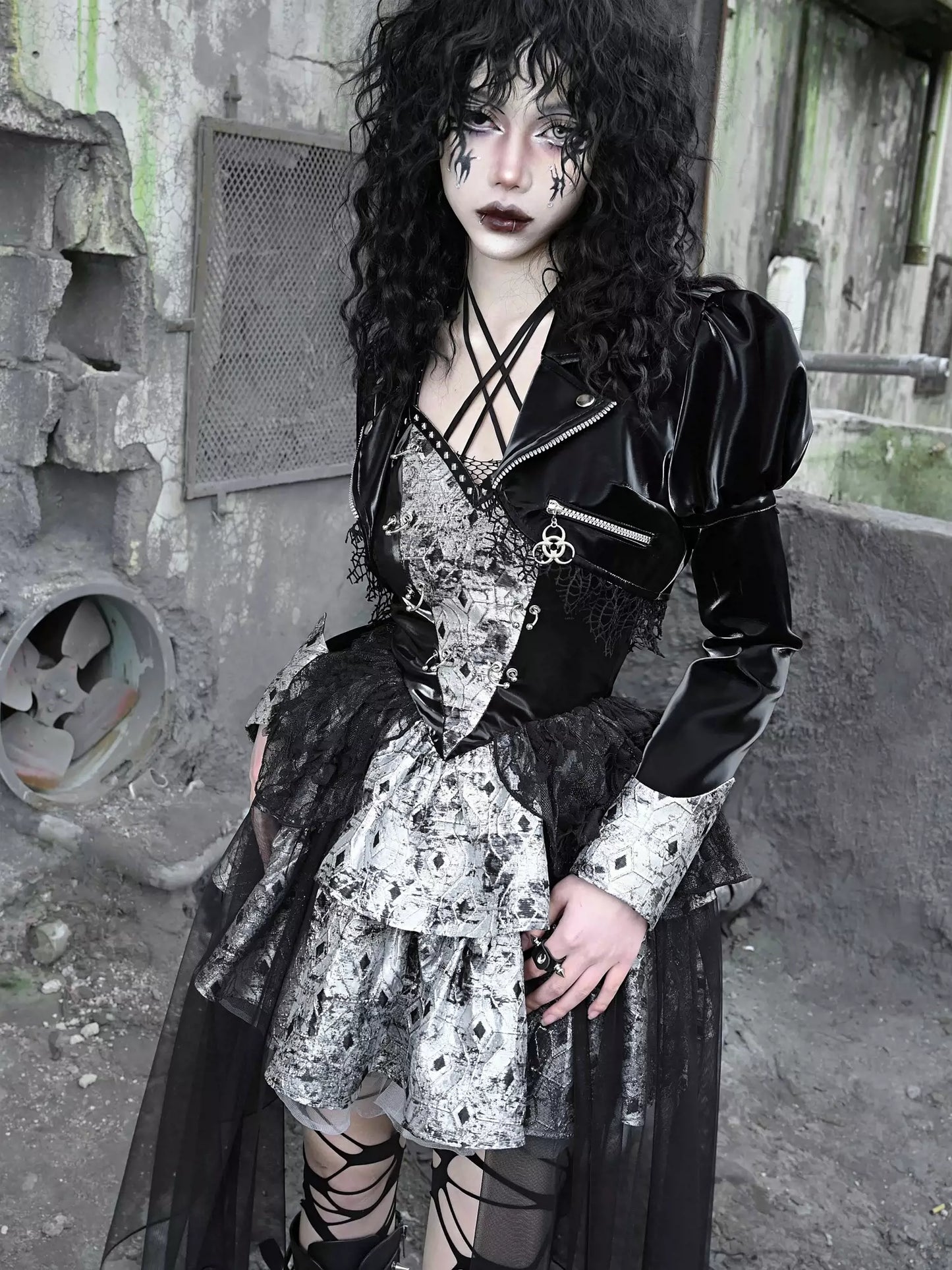 PUサスペンダーパンクホルターネックメッシュメタリックオフショルダーチュール+トップドレスシアー