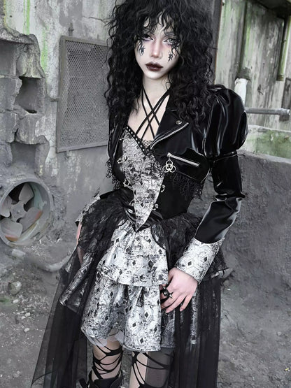 PUサスペンダーパンクホルターネックメッシュメタリックオフショルダーチュール+トップドレスシアー