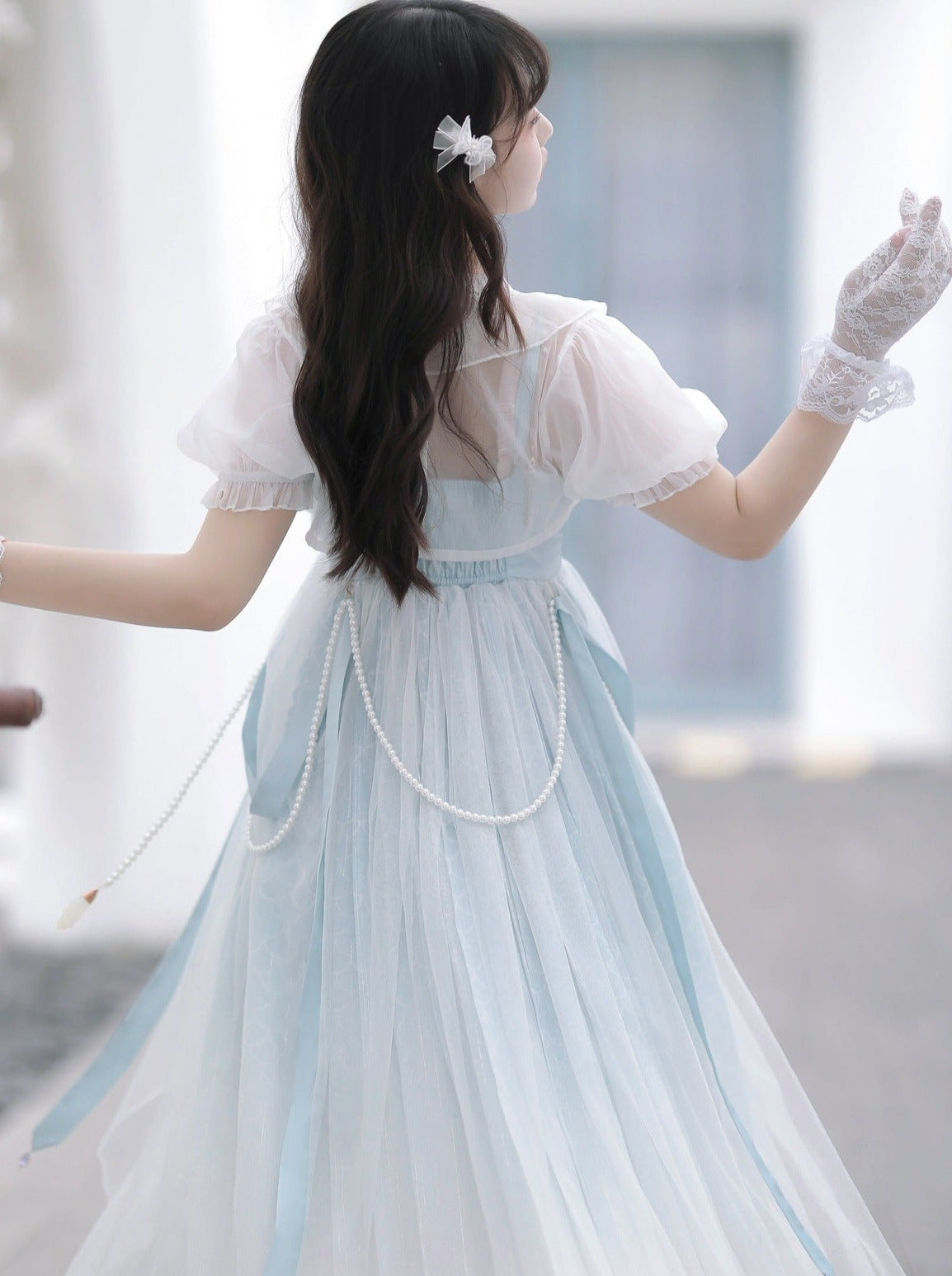 Blaues, durchsichtiges Sommerkleid mit Schalkragen + Lolita-Chinesisch