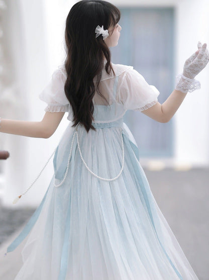 Blaues, durchsichtiges Sommerkleid mit Schalkragen + Lolita-Chinesisch