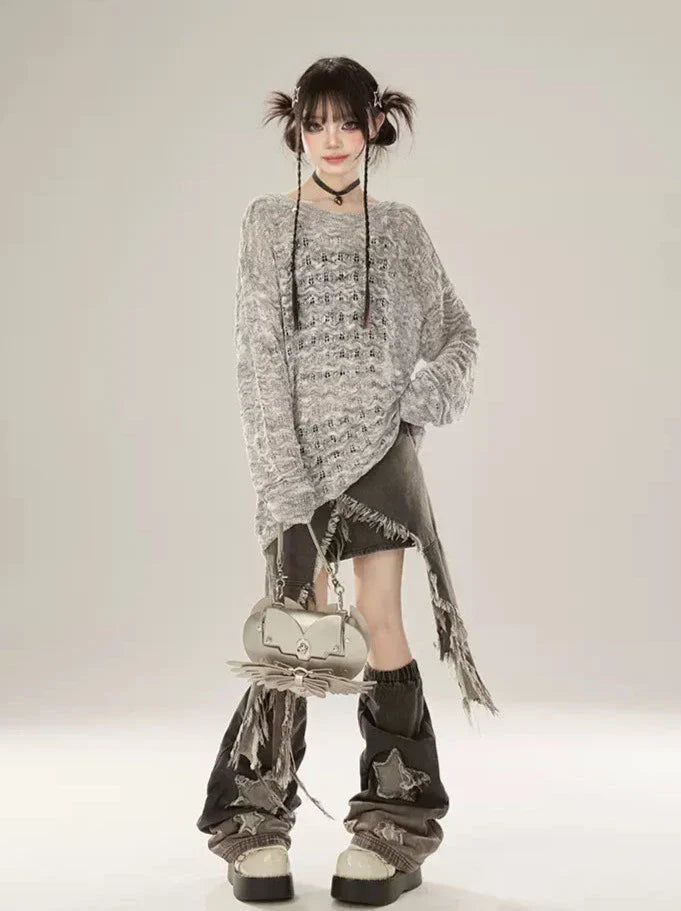 襟付きプルオーバーニット日焼け止めシースルーソールルーズ