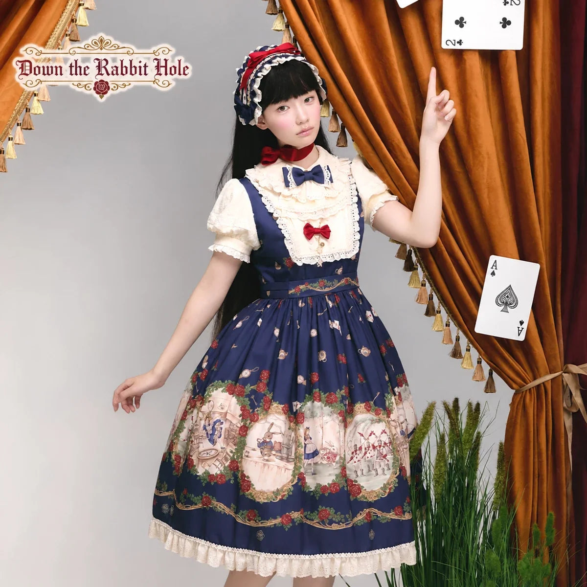 Navy OP dress with cream front panel and puff sleeves