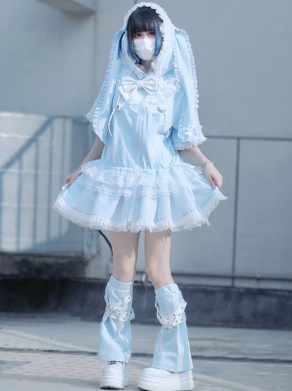 Bow Frilled Big Hooded Girly Long Bunny Dress Ears