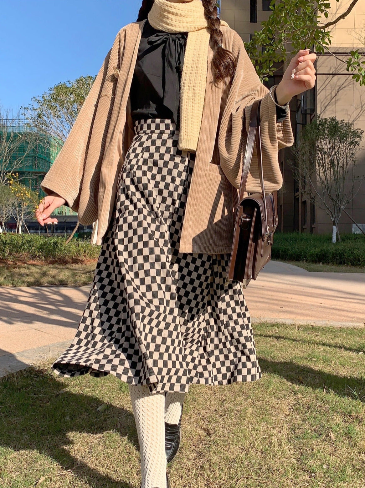 Chiffon Jacket Skirt Retro + Ribbon Checkered Dark Feather Skirt Shirt + Note Showa Brooch Cherry Gray