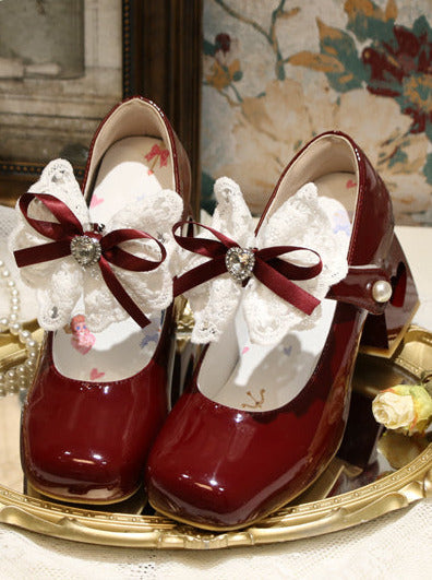 エレガントなフレンチスクエアレースリボンシューズヒールトゥロリータラブ