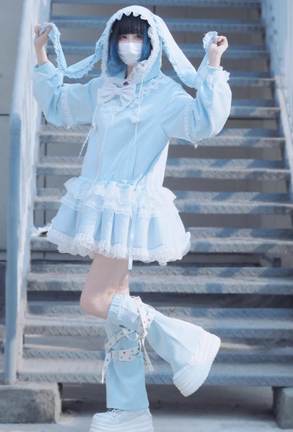 Bow Frilled Big Hooded Girly Long Bunny Dress Ears