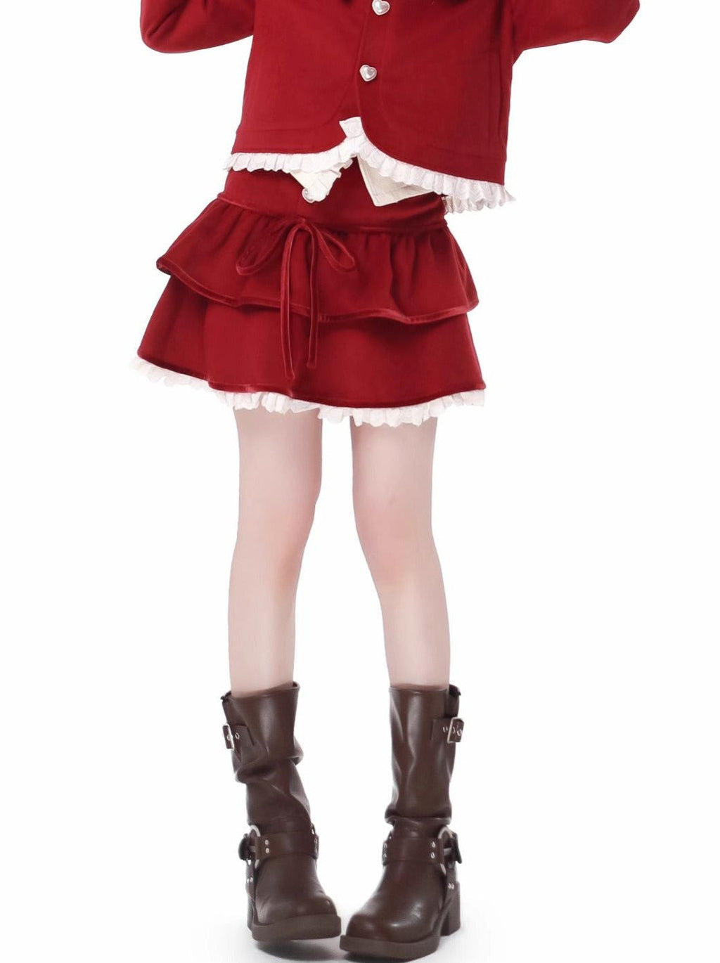 Ribbon Frill Short Jacket Singing Stand Color Dark Print Shirt Skirt Suit