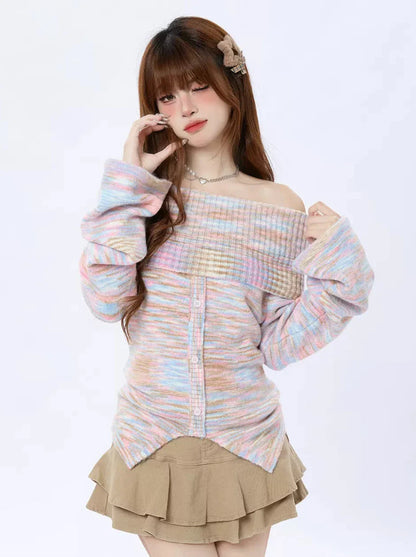 Schulterfreier Strickpullover aus reinem Dzire-Streifen in Regenbogenfarben