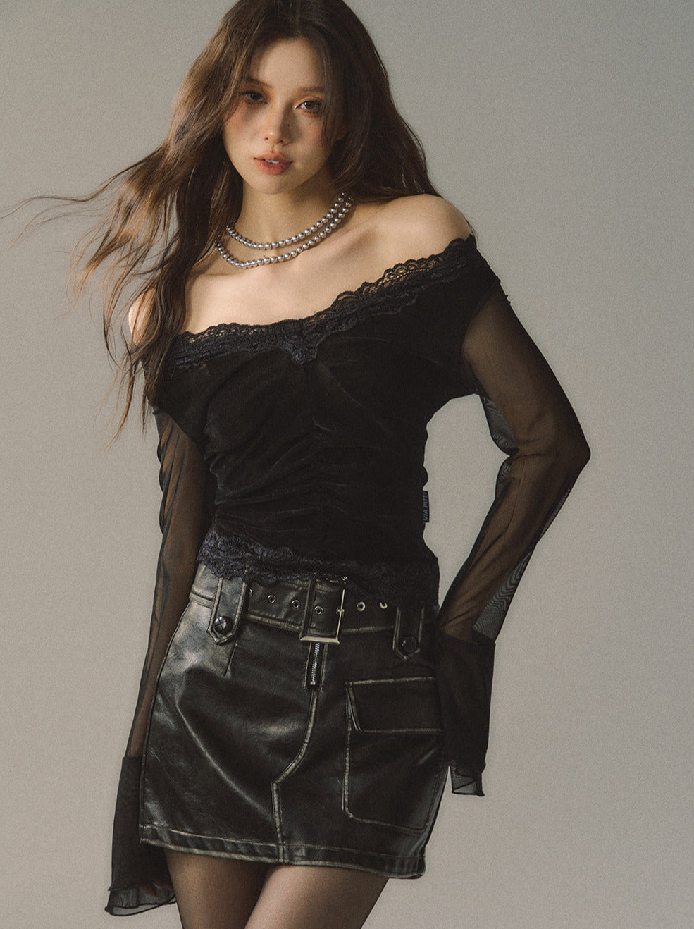 Lace Edge V Neck Sheer Bell Sleeve Black Slim Shirt