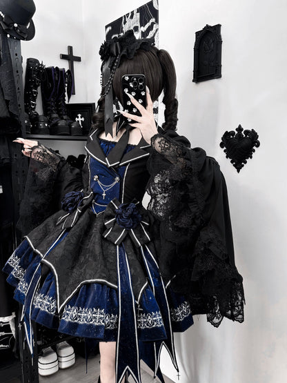 Black and blue dress set with detachable sleeve styling