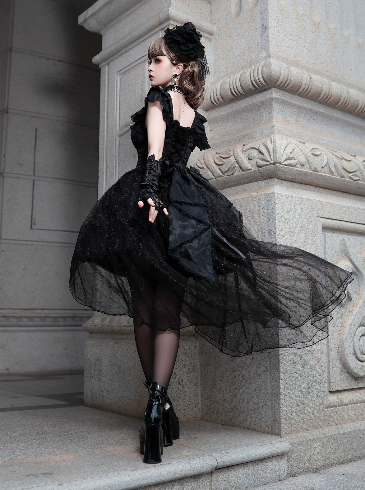 Rose Dress Black Flared Gothic Lolita