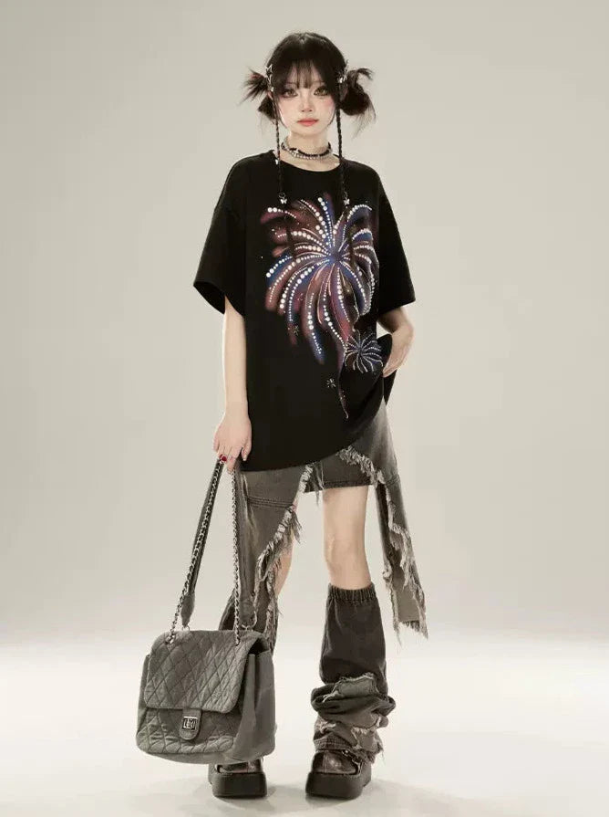 Loose T-shirt Fireworks Black Print