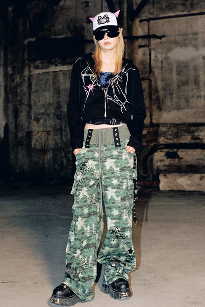 デビルポイントクラックルフード付きショートスウェットシャツ