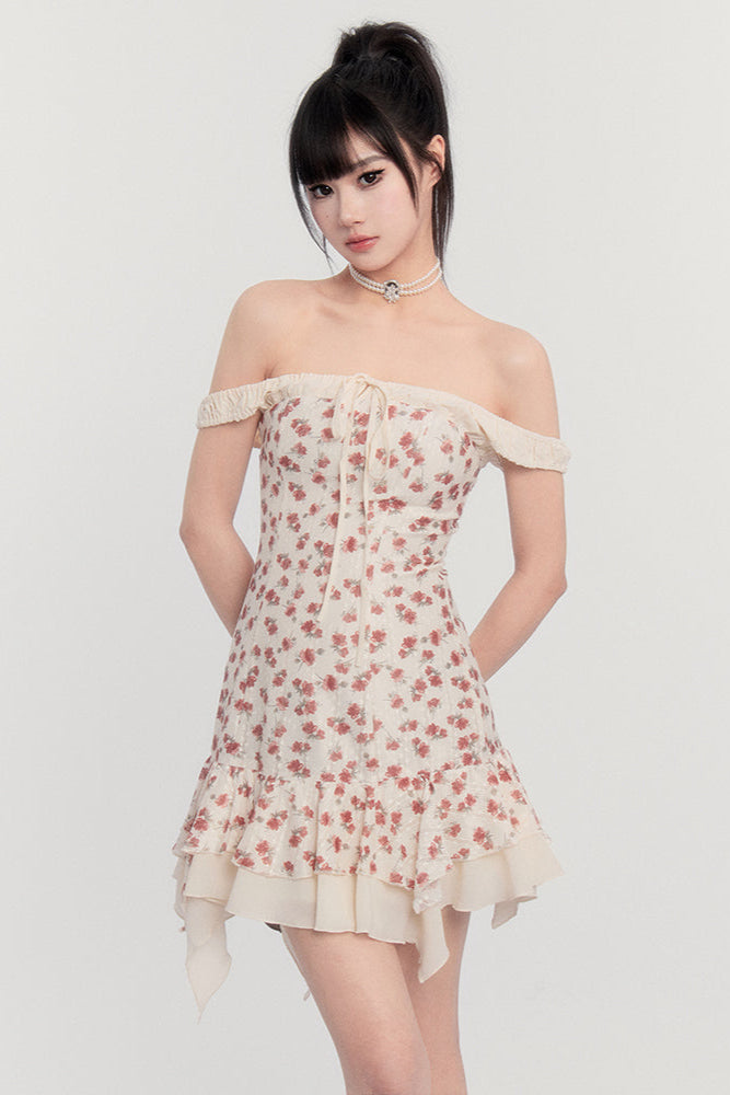 Off-Shoulder French Letter Kleid Flower Love