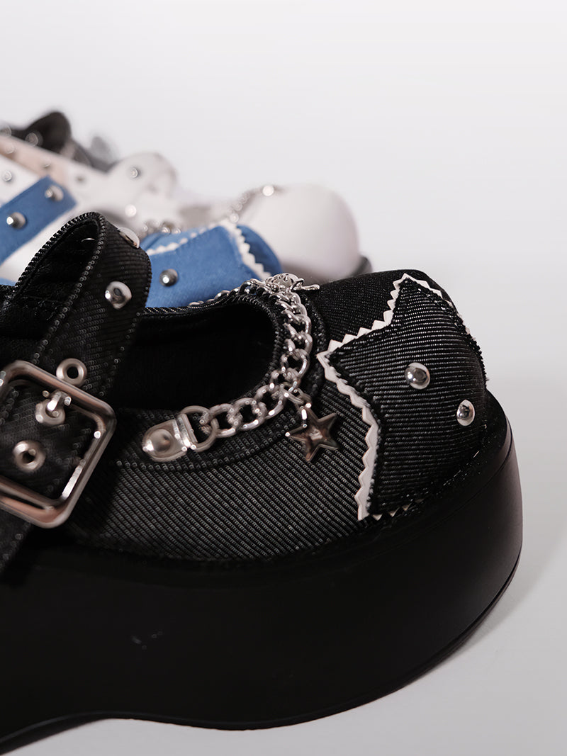 Schnalle Star Toe Platform Denim One Punk Runde Schuhe