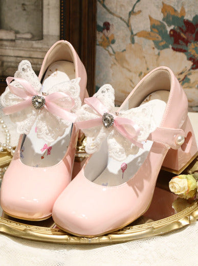エレガントなフレンチスクエアレースリボンシューズヒールトゥロリータラブ