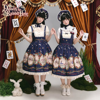 Front view of navy Classic Lolita OP and JSK dresses