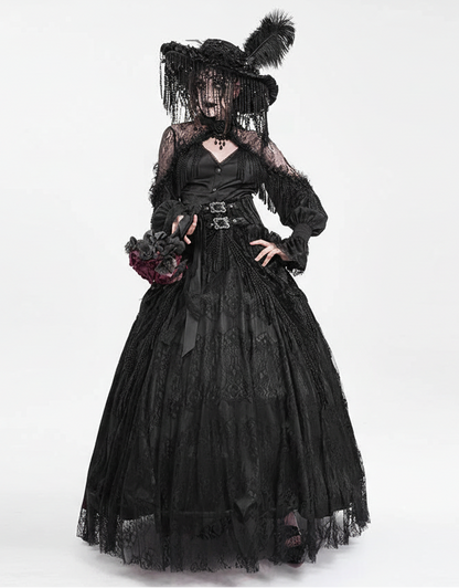 EVA LADY High-Waist Rose Embossed Velvet Fringe Skirt