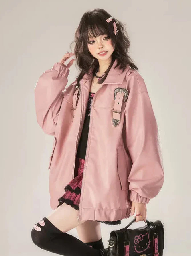 Jacket Retro Pink Design Leather Buckle Zip