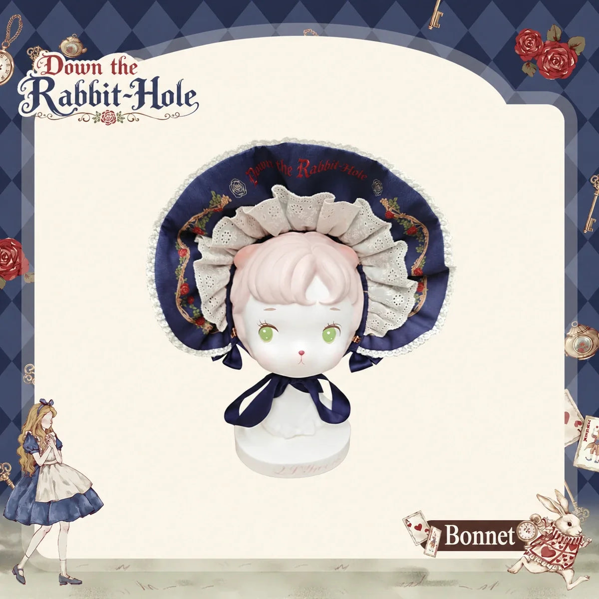 Matching navy soft bonnet with cream lace and navy ties