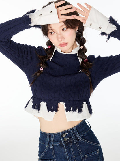 カレッジスタイルのショートダメージデザインシャツ