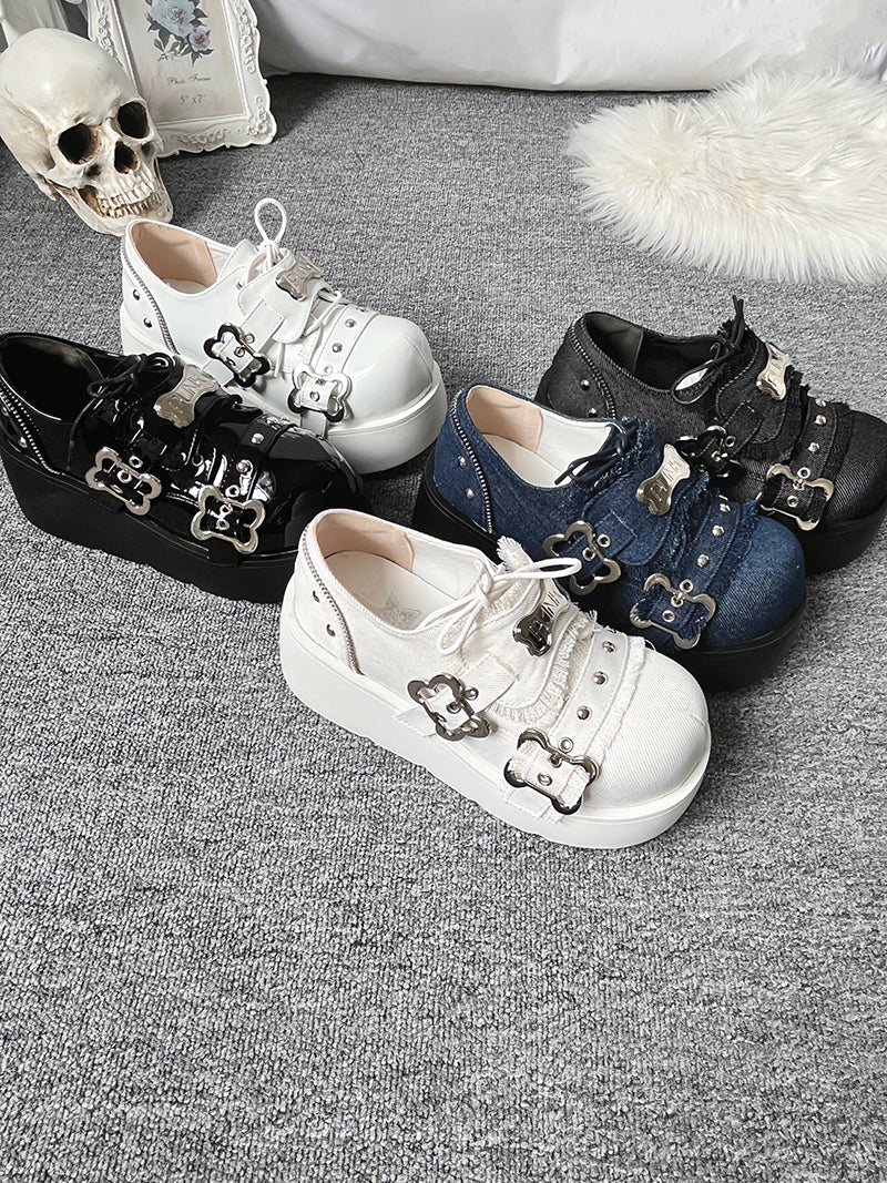 Toe Denim Shoes Puppy Platform Angel Punk Style Round