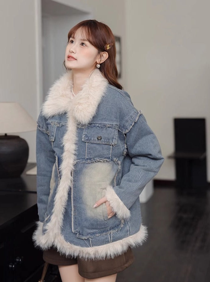 キルティングラペルブルーデニムジャケット