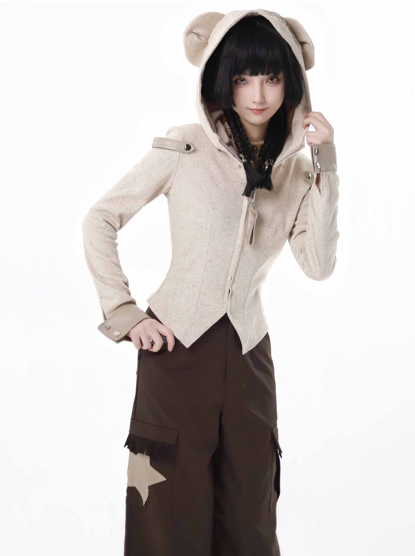 デザインスプリットワンダーベアニットトップショールメイラード