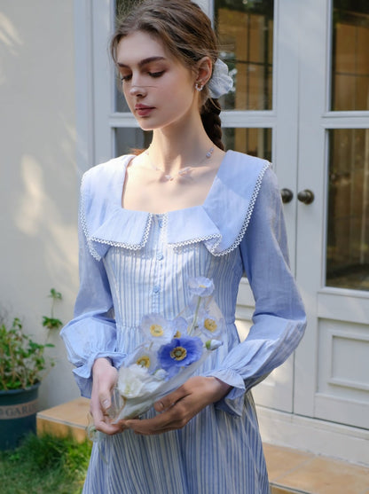 フレンチストライプフリルクイーンラペルサニードレスコースト