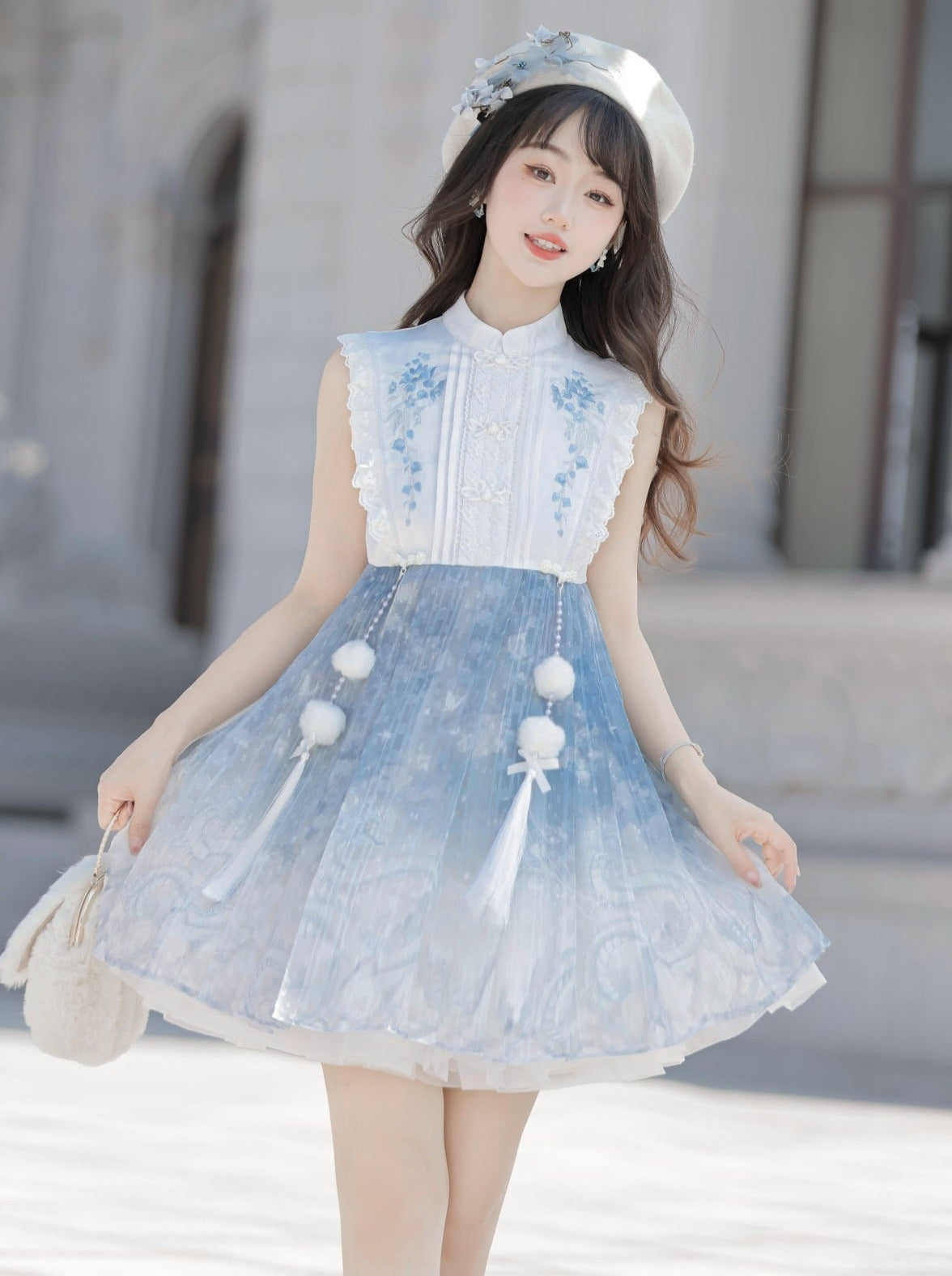 ドレス ショート ブルー チャイニーズファーコート アイス