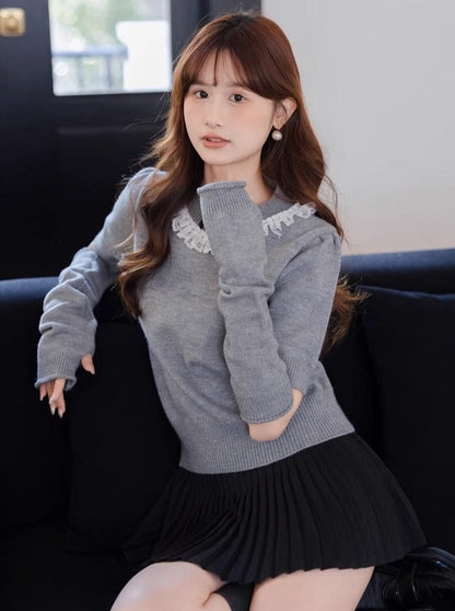 Lace Arm Ribbon Sweet Warmers Top Knit