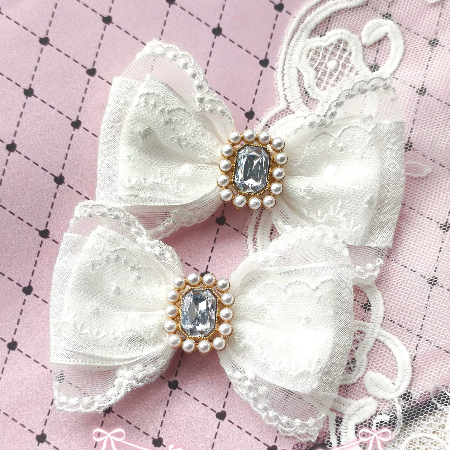 Handmade Heart Bow Shoe Clips with Lace & Pearl - Lolita Accessories