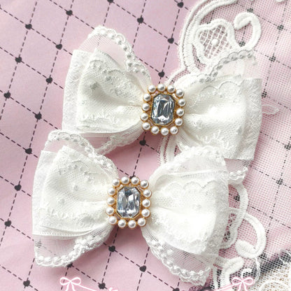 Handmade Heart Bow Shoe Clips with Lace & Pearl - Lolita Accessories