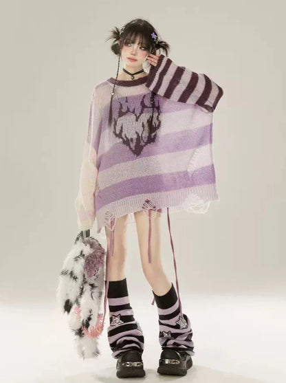 Gestreifter, transparenter Strickpullover mit Kontrast, asymmetrisch, locker