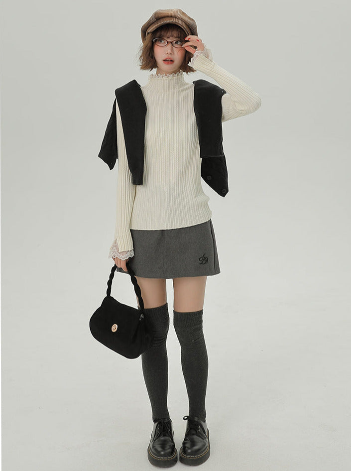 Knit Lace Turtleneck Half Splicing Top